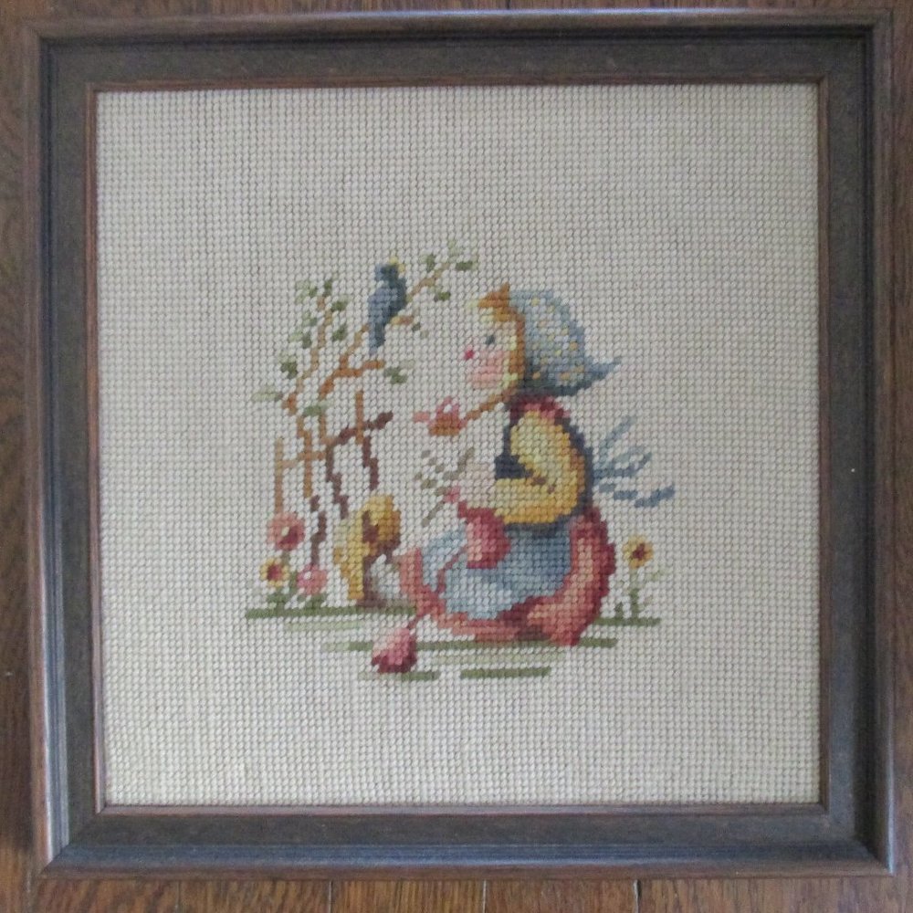 Hummel Girl with Bluebird Vintage Framed Needlepoint Art